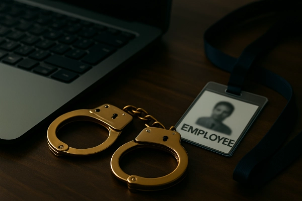 Employee handcuffed to job badge - representing the modern employment trap